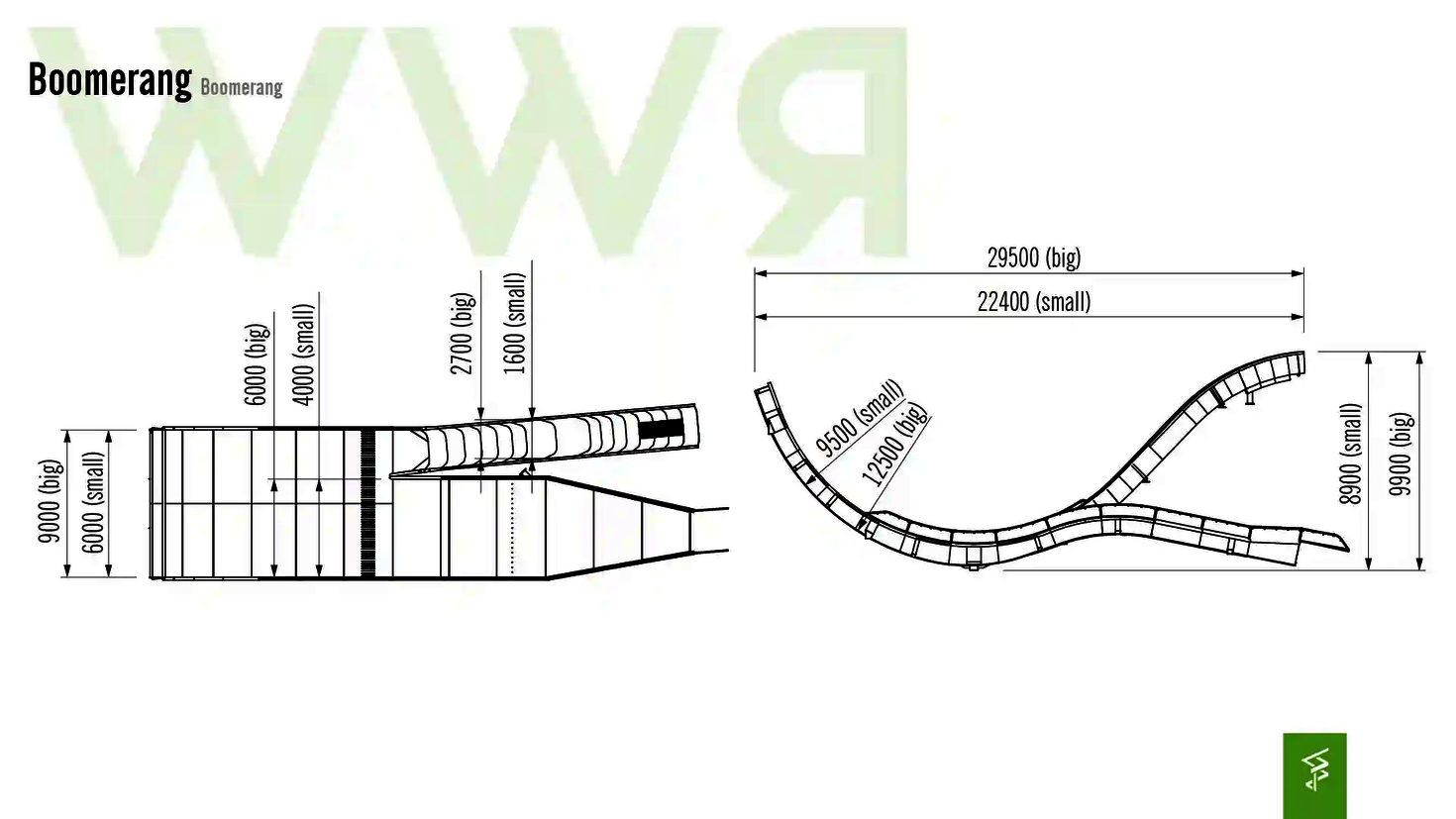 Technische Zeichnung der Abmessungen der Boomerang Wasserrutsche.
