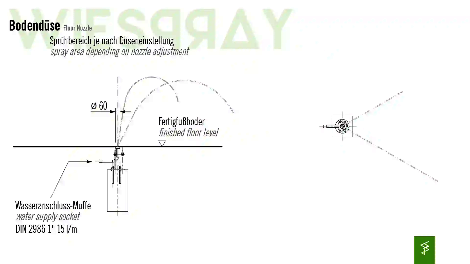 Technische Zeichnung der Abmessungen vom Wie-Spray Bauteil "Bodendüse".