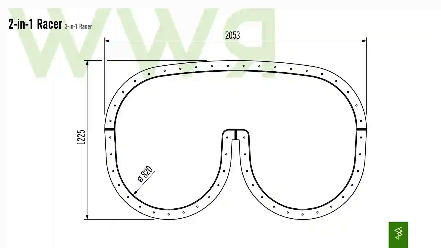 Eine Zeichnung technischer Abmessungen der 2-in-1 Racer Wasserrutsche.