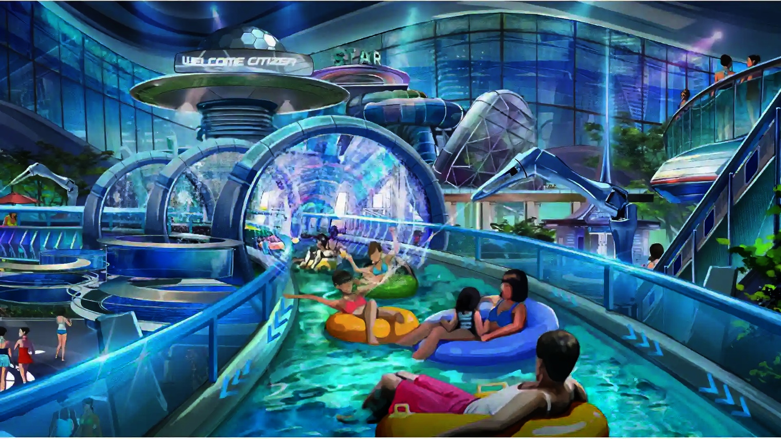 Visualisierung eines futuristischen Lazy River mit Rutschreifen und Lichteffekten.