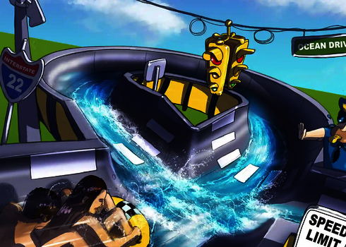 Cartoon-Zeichnung der Xslide mit Straßenschildern, einer Ampel und einem Polizisten.