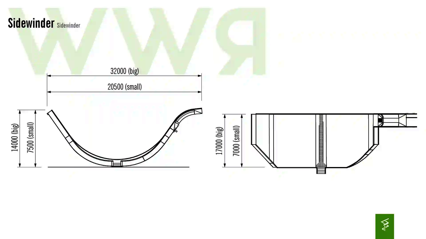 Technische Zeichnung der Abmessungen einer Sidewinder Wasserrutsche.