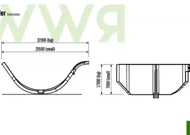 Technische Zeichnung der Abmessungen einer Sidewinder Wasserrutsche.