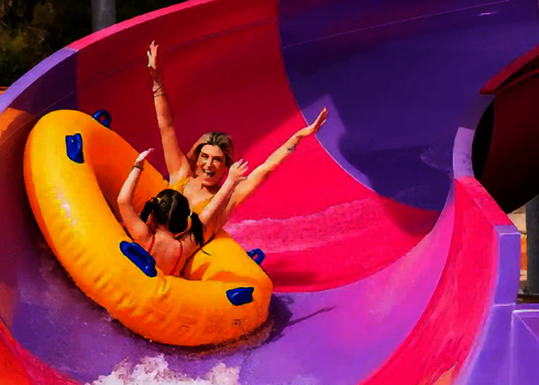 Eine Frau und ein Kind fahren lachend in einem Rutschreifen auf der Wasserrutsche RR2050.