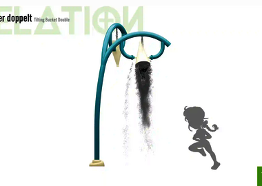 Relation der Dimensionen zwischen einem Kind und dem Wie-Spray Element "Kippeimer doppelt".