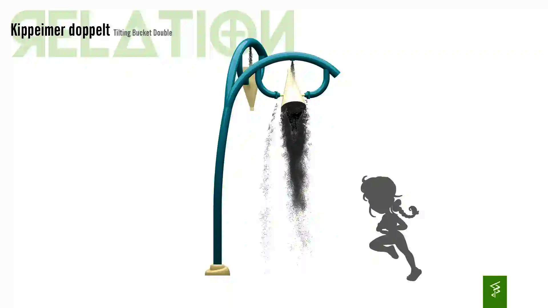 Relation der Dimensionen zwischen einem Kind und dem Wie-Spray Element "Kippeimer doppelt".