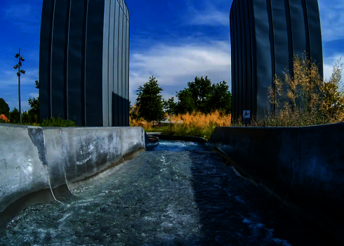 Sprudelndes Wasser strömt durch den Wildwasserfluss, umgeben von Blumen und hohen Gräsern.