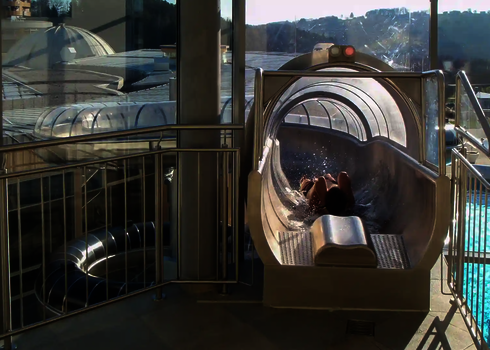 Person rutscht durch transparente Wasserrutsche mit Blick nach draußen.