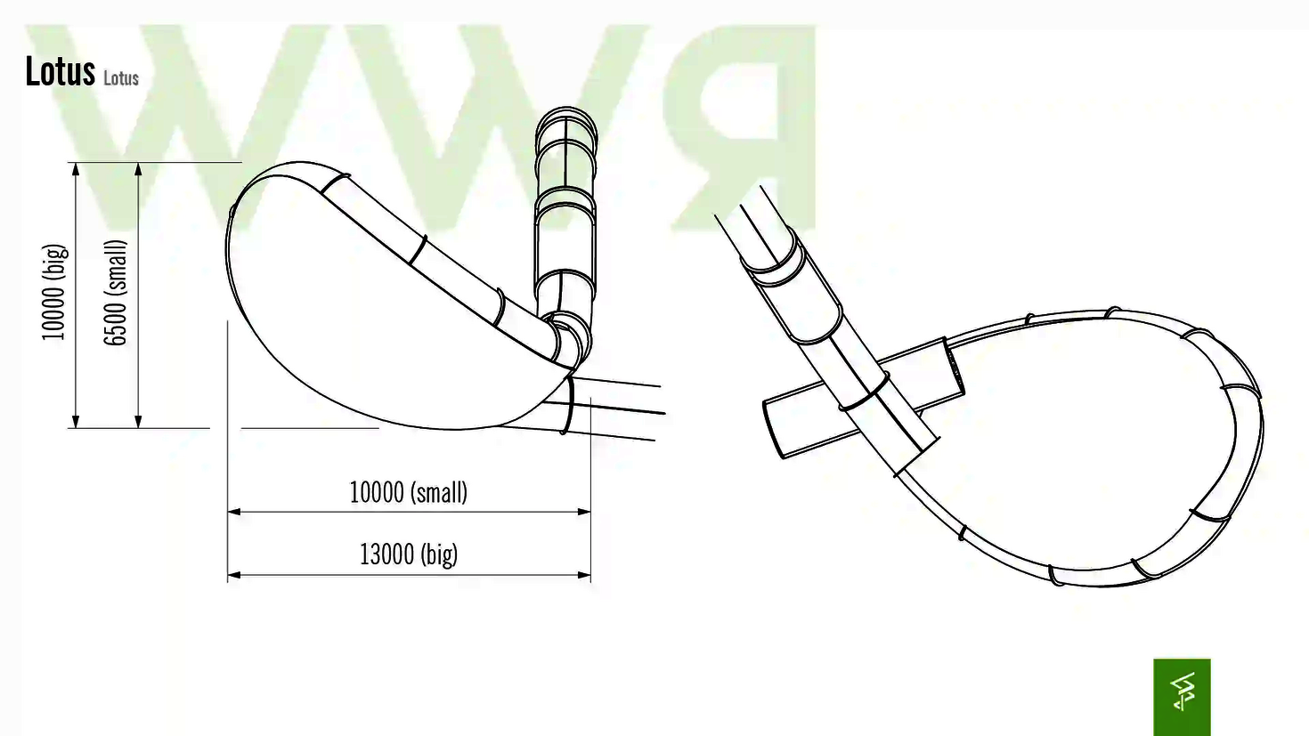 Technische Zeichnung der Abmessungen der Lotus Wasserrutsche.