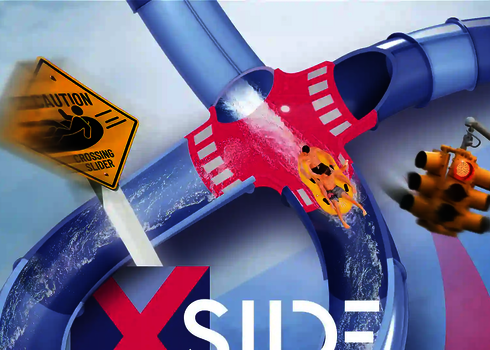 3D Animation der XSlide Wasserrutsche mit Personen im Rutschreifen.