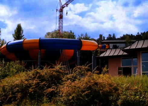 Orange blauer Raft Bowl umgeben von Sträuchern.