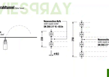 Technische Zeichnung der Abmessungen vom Wie-Spray Element "Wasserstrahltunnel".
