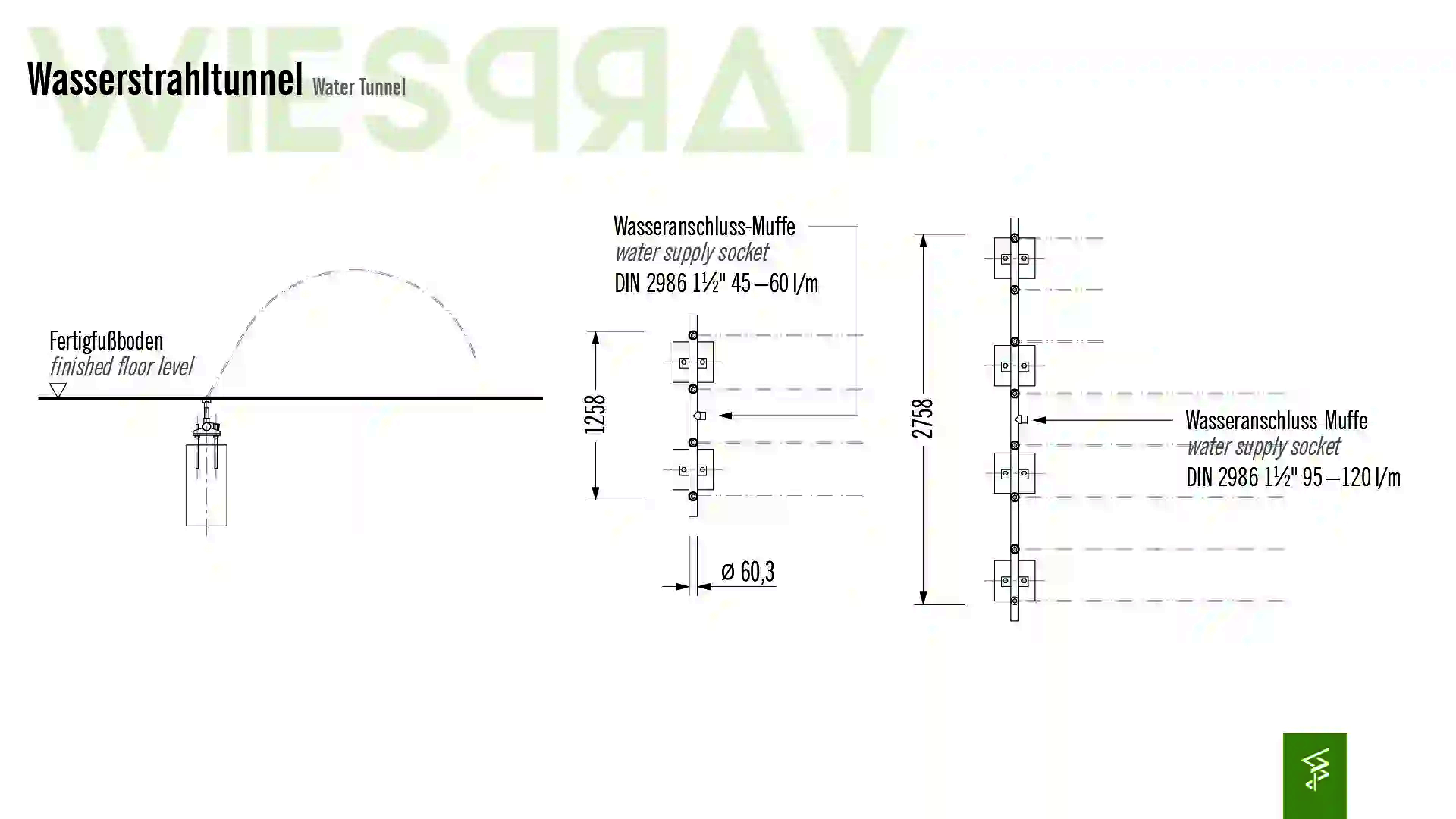 Technische Zeichnung der Abmessungen vom Wie-Spray Element "Wasserstrahltunnel".