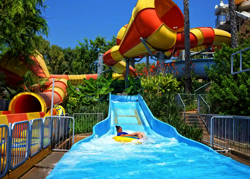 Frau in gelbem Rutschreifen rutscht aus Crazy Cone Rutsche ins Auffangbecken, umgeben von Palmen.