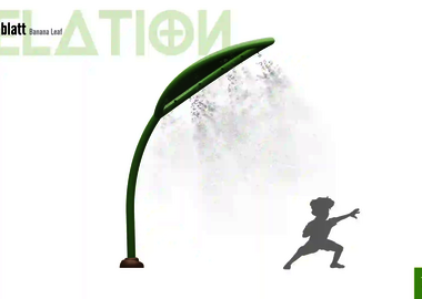 Relation der Dimensionen zwischen einem Kind und dem Wie-Spray Element "Bananenblatt".