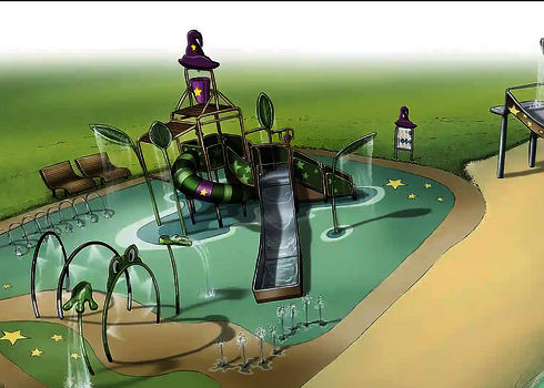 Zeichnung einer Wasserspielstruktur in einem Freibad.