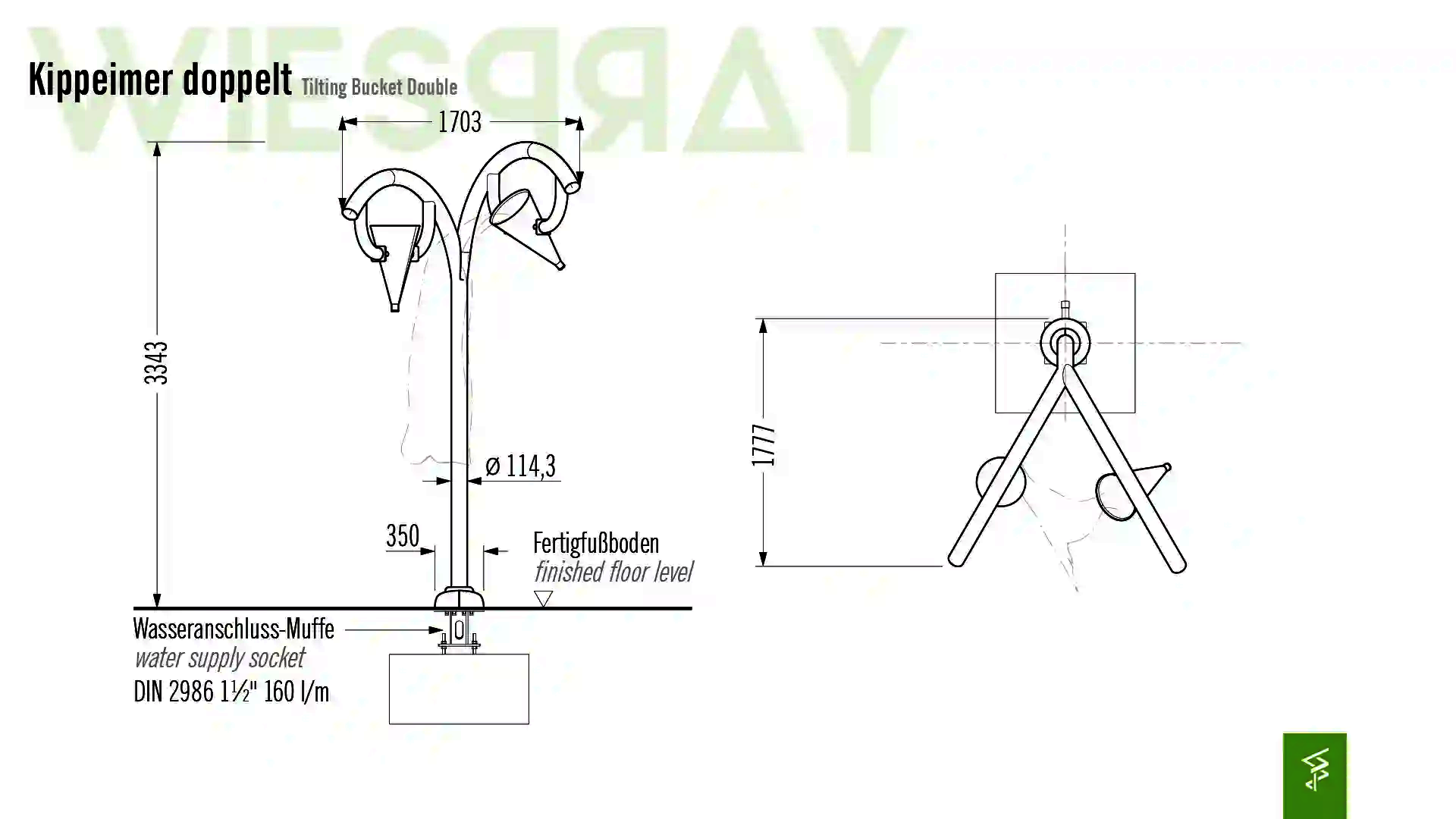 Technische Zeichnung der Abmessungen vom Wie-Spray Bauteil "Kippeimer doppelt".
