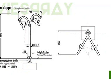 Technische Zeichnung der Abmessungen vom Wie-Spray Bauteil "Kippeimer doppelt".
