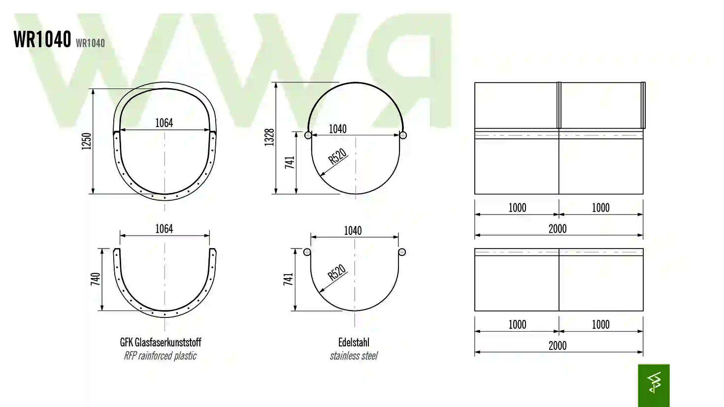 Technische Zeichnung der Abmessungen einer WR1040 Wasserrutsche.