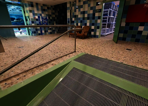 View from the run-outs into the bathroom, with non-slip mesh floor and tiled floor.