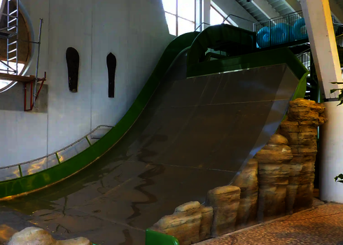 Seitenansicht der grünen Sidewinder mit Felsen und Pflanzen im Hallenbad.