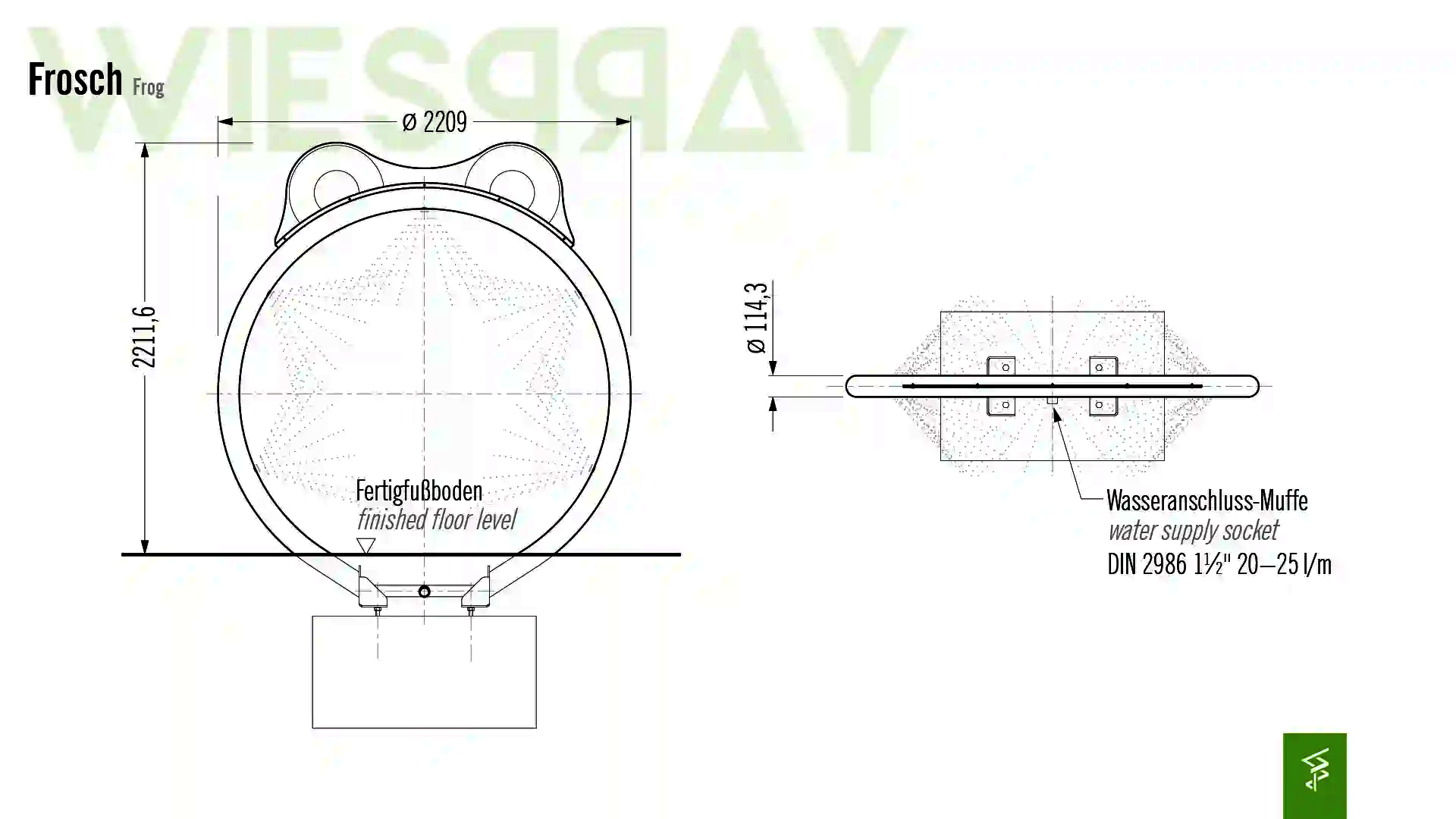 Technische Zeichnung der Abmessungen vom Wie-Spray Element "Frosch".