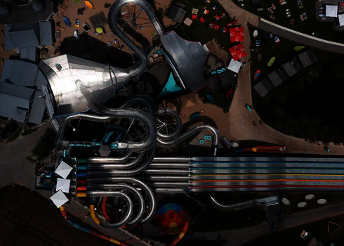 Draufsicht auf einen Wasserpark mit Edelstahlrutschen und bunten Elementen.