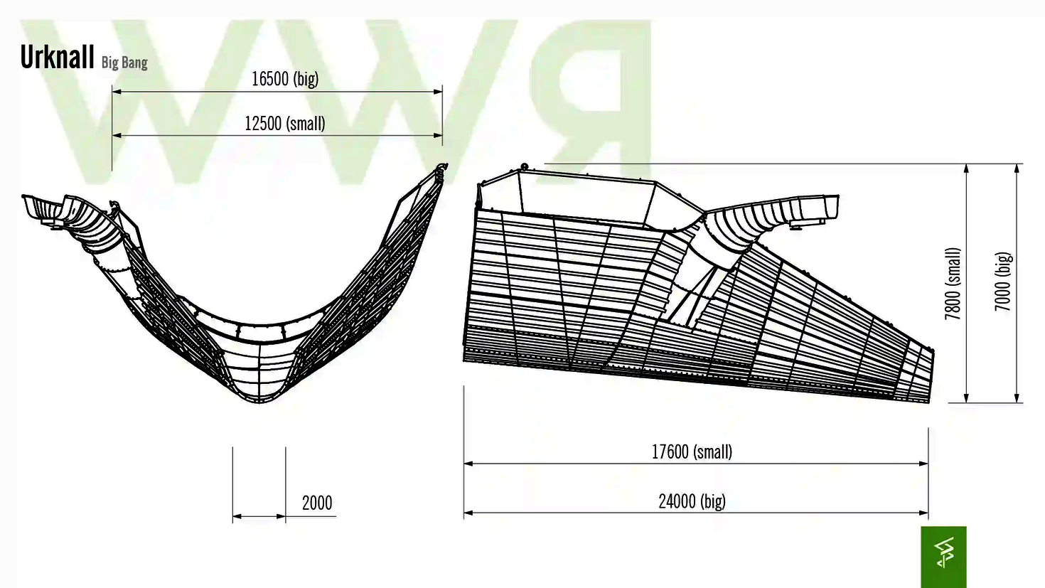 Technische Zeichnung der Abmessungen der Urknall-Wasserrutsche.