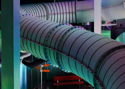 Weiße Wasserrutsche mit Streifen und weißen Stahlstützen.