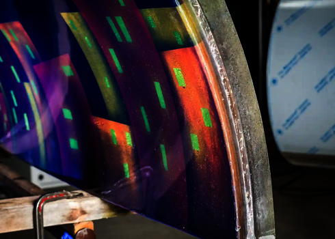 Nahaufnahme bemalter Häuserfronten in kräftigen Farben auf glatter Röhrenfläche.