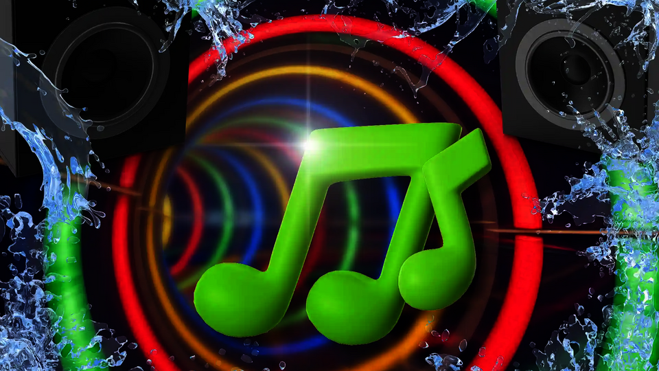 3D Animation von grünen Noten und Musikboxen, in einer bunten Wasserrutsche.