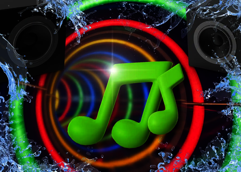 3D Animation von grünen Noten und Musikboxen, in einer bunten Wasserrutsche.