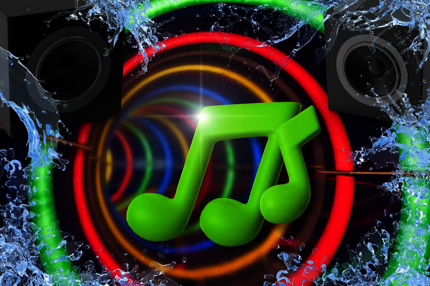 3D Animation von grünen Noten und Musikboxen, in einer bunten Wasserrutsche.