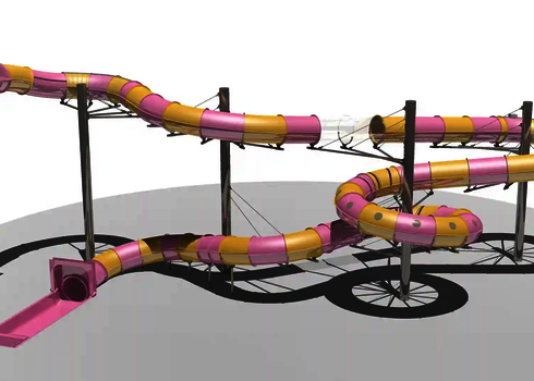 3D Illustration einer gelb-rosa Wasserrutsche, mit einem Treppenturm und Stahlstützen.
