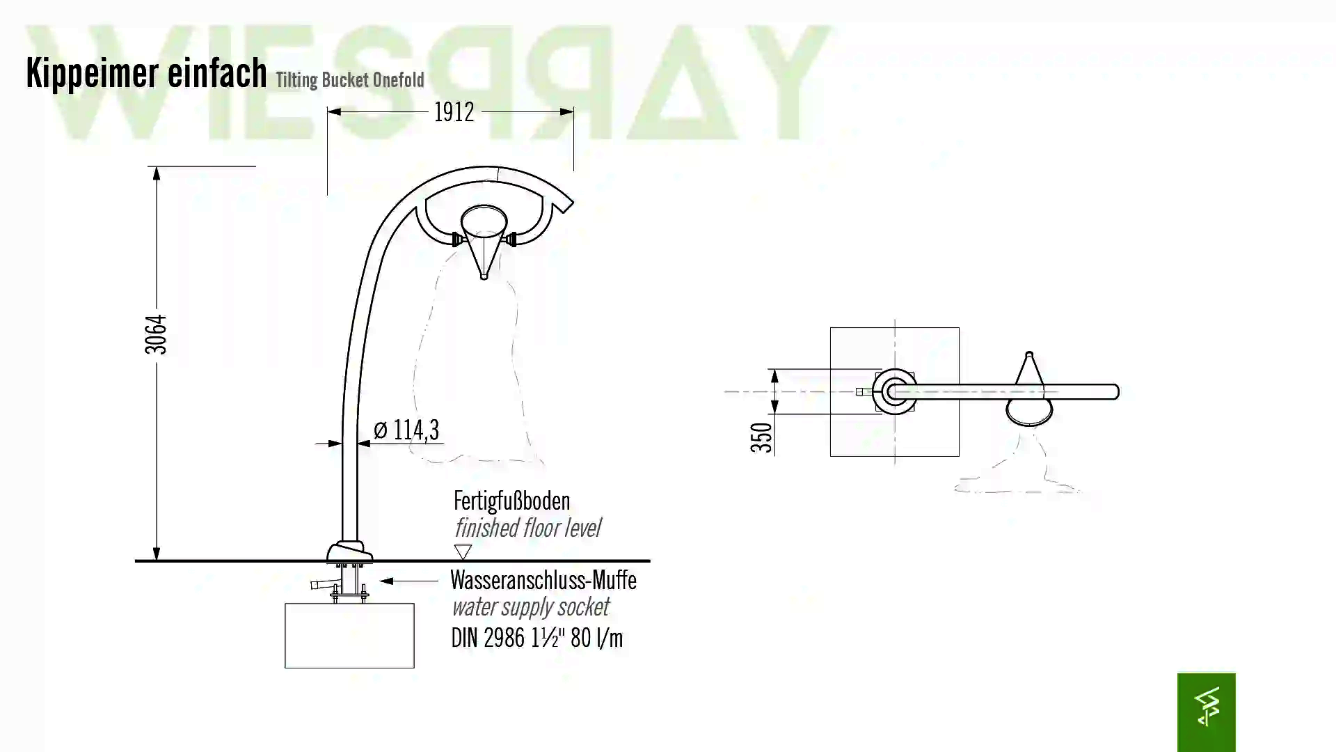 Technische Zeichnung der Abmessungen vom Wie-Spray Element "Kippeimer einfach".