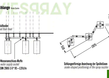 Technische Zeichnung der Abmessungen vom Wie-Spray Bauteil "Wasserschlange".