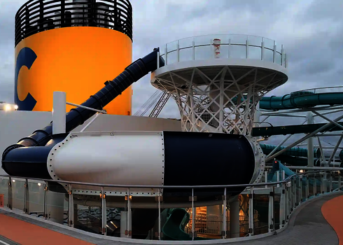 Detaillierte Ansicht des Body Bowl mit blau-weißer Farbgestaltung und Trichterausgang.