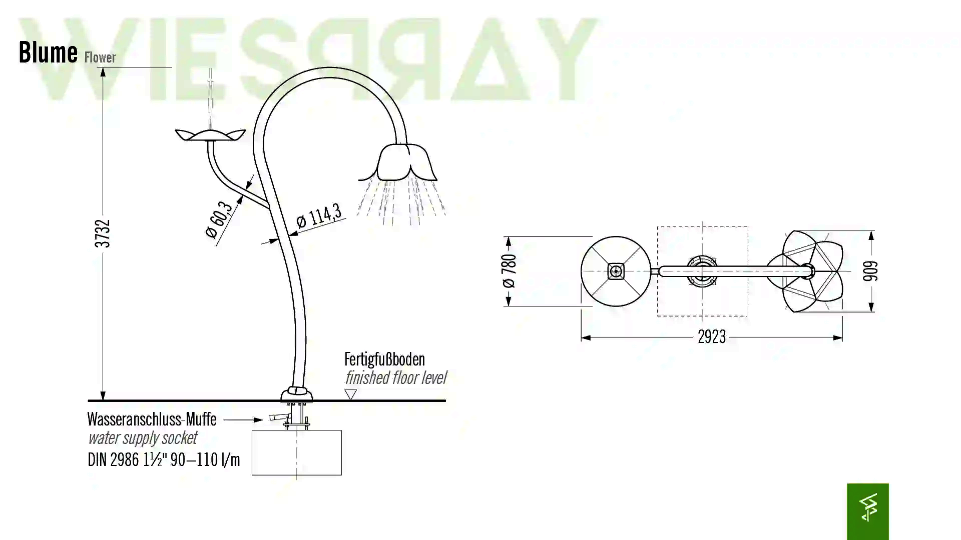 Technische Zeichnung der Abmessungen vom Wie-Spray Element "Blume".