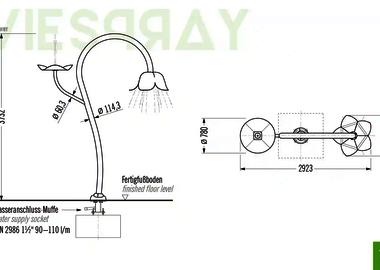 Technische Zeichnung der Abmessungen vom Wie-Spray Element "Blume".