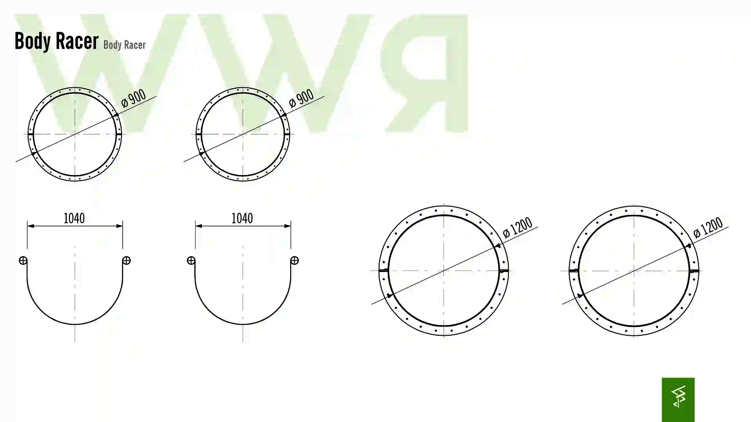 Technische Zeichnung mit Abmessungen der Body Racer Wasserrutsche.