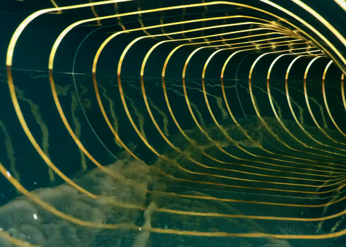 Innenansicht der Family Twister Wasserrutsche mit türkisfarbenem Rutschkanal und LED-Lichtern.