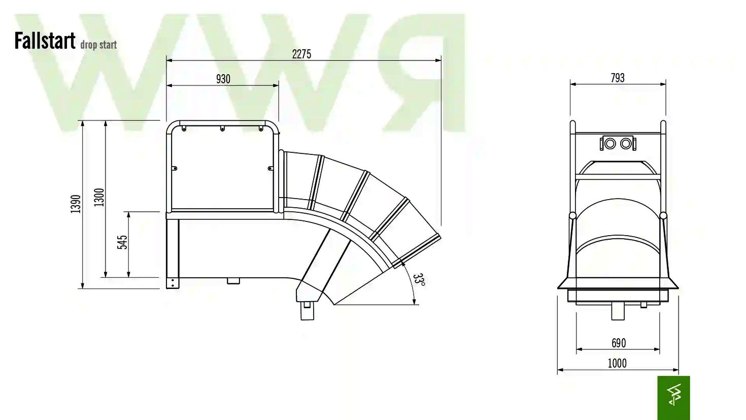 Technische Zeichnung der Abmessungen einer Fallstart Wasserrutsche.