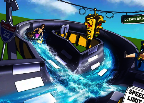 Cartoonhafte Darstellung einer X-Slide Wasserrutsche.