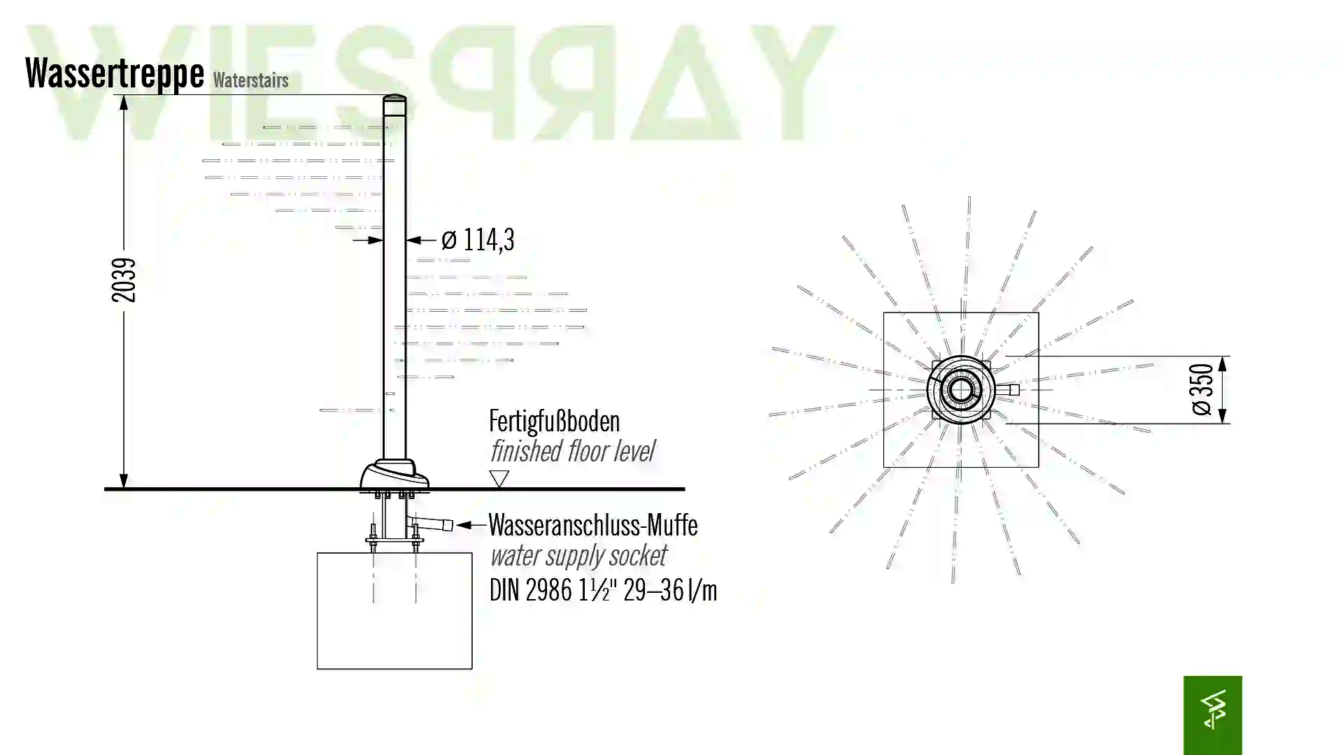 Technische Zeichnung der Abmessungen vom Wie-Spray Element "Wassertreppe".