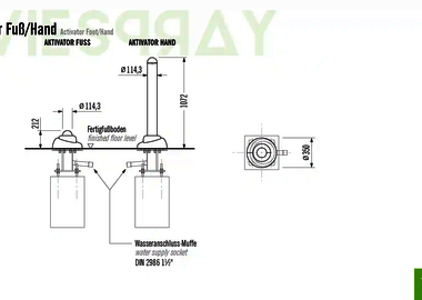 Technische Zeichnung der Abmessungen vom Wie-Spray Bauteil "Aktivator Fuß/Hand".