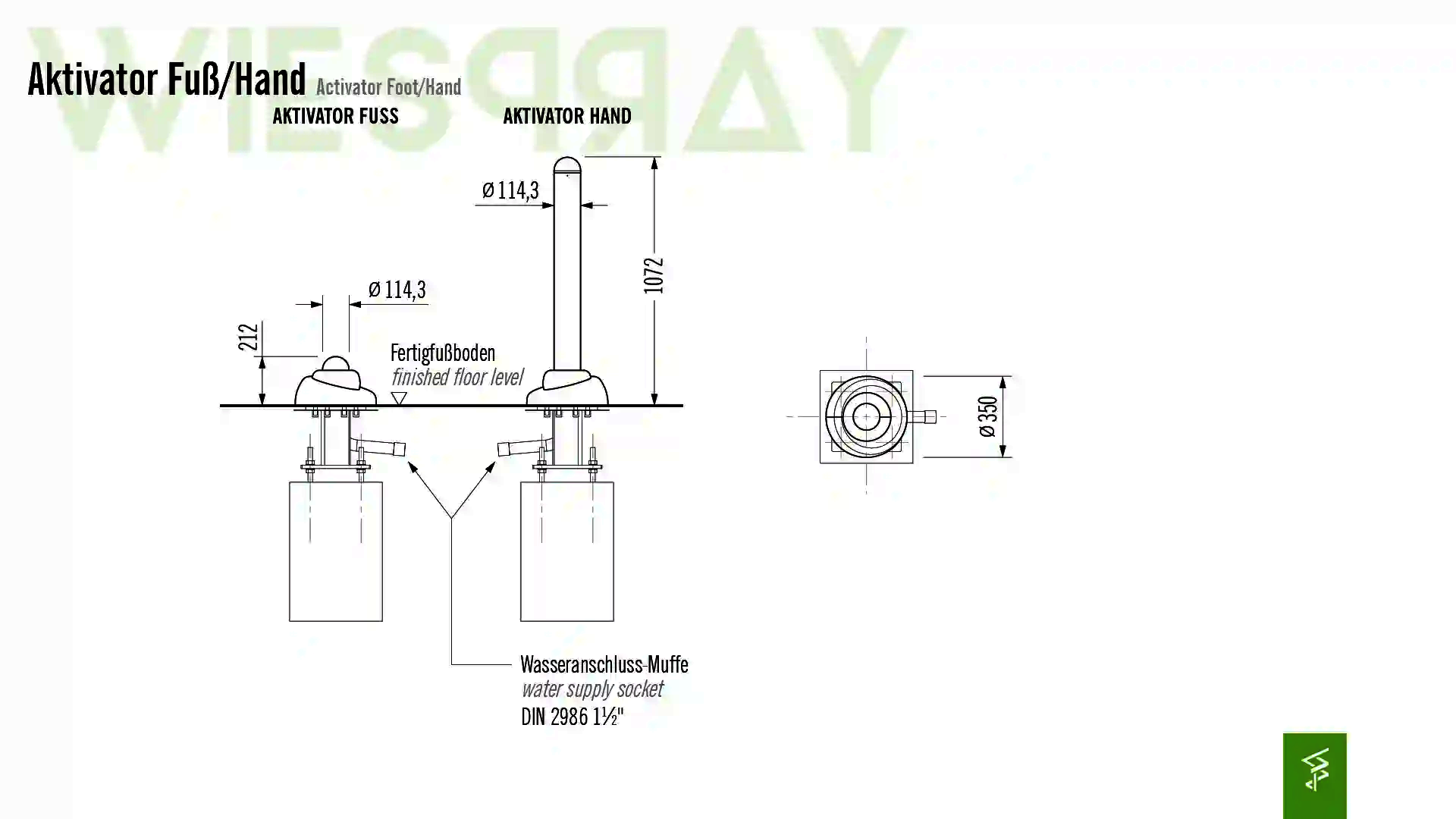 Technische Zeichnung der Abmessungen vom Wie-Spray Bauteil "Aktivator Fuß/Hand".