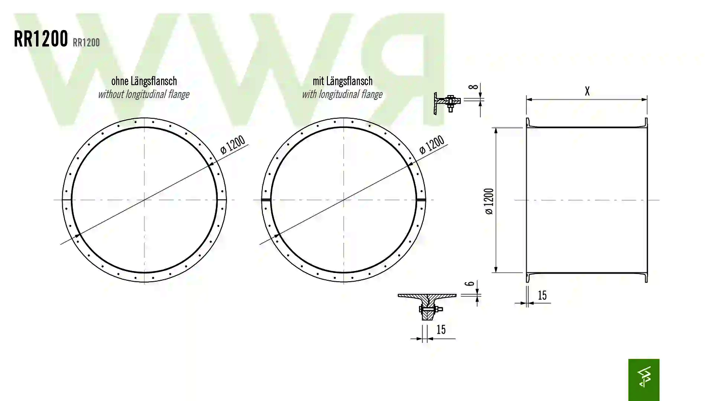 Eine technische Zeichnung der Abmessungen der RR1200.