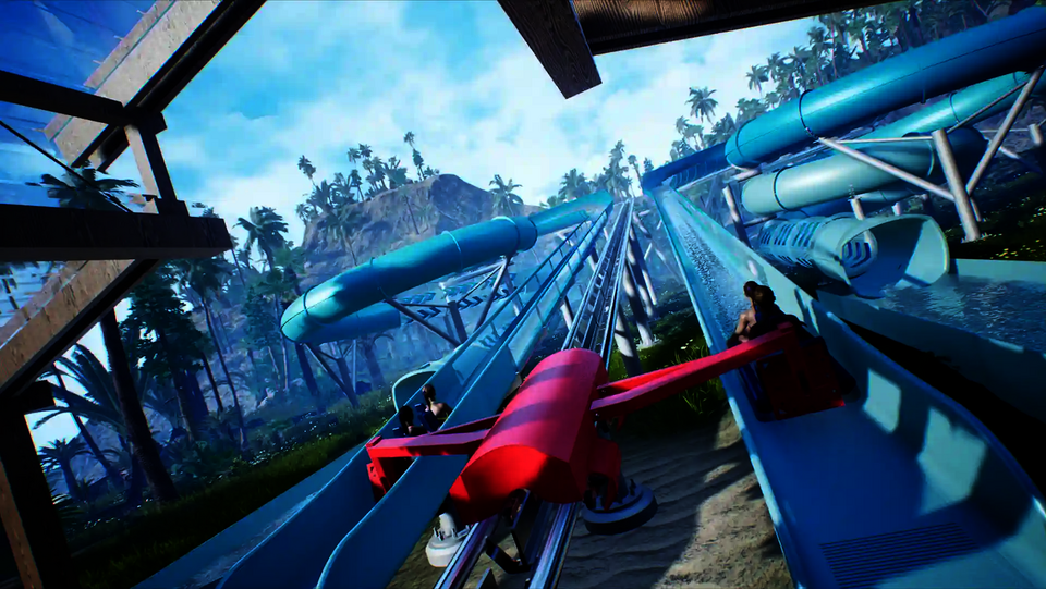 Zwei Boote mit Personen starten gleichzeitig auf parallelen Bahnen des Slide Coasters.