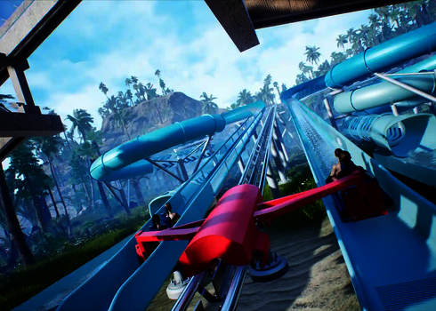 Zwei Boote mit Personen starten gleichzeitig auf parallelen Bahnen des Slide Coasters.