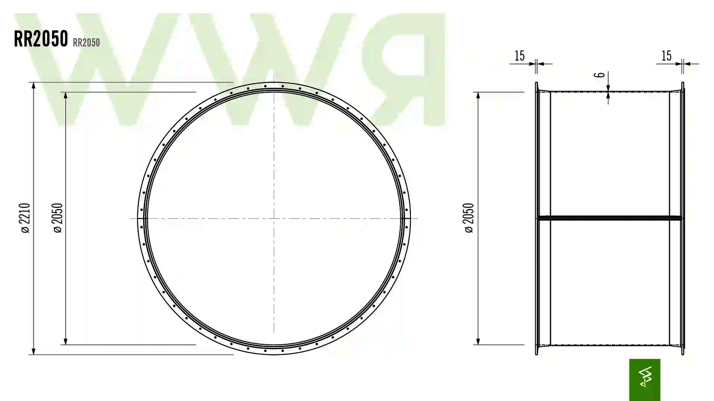 Technische Zeichnung der Abmessungen einer RR2050.